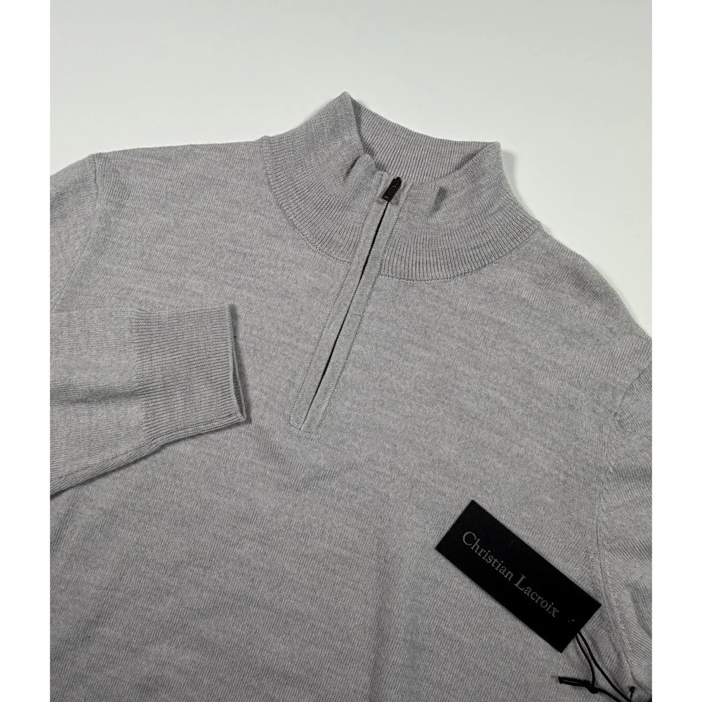 Christian Lacroix Sweater Mens Medium Gray 100% Extra Fine Merino Wool 1/4 Zip